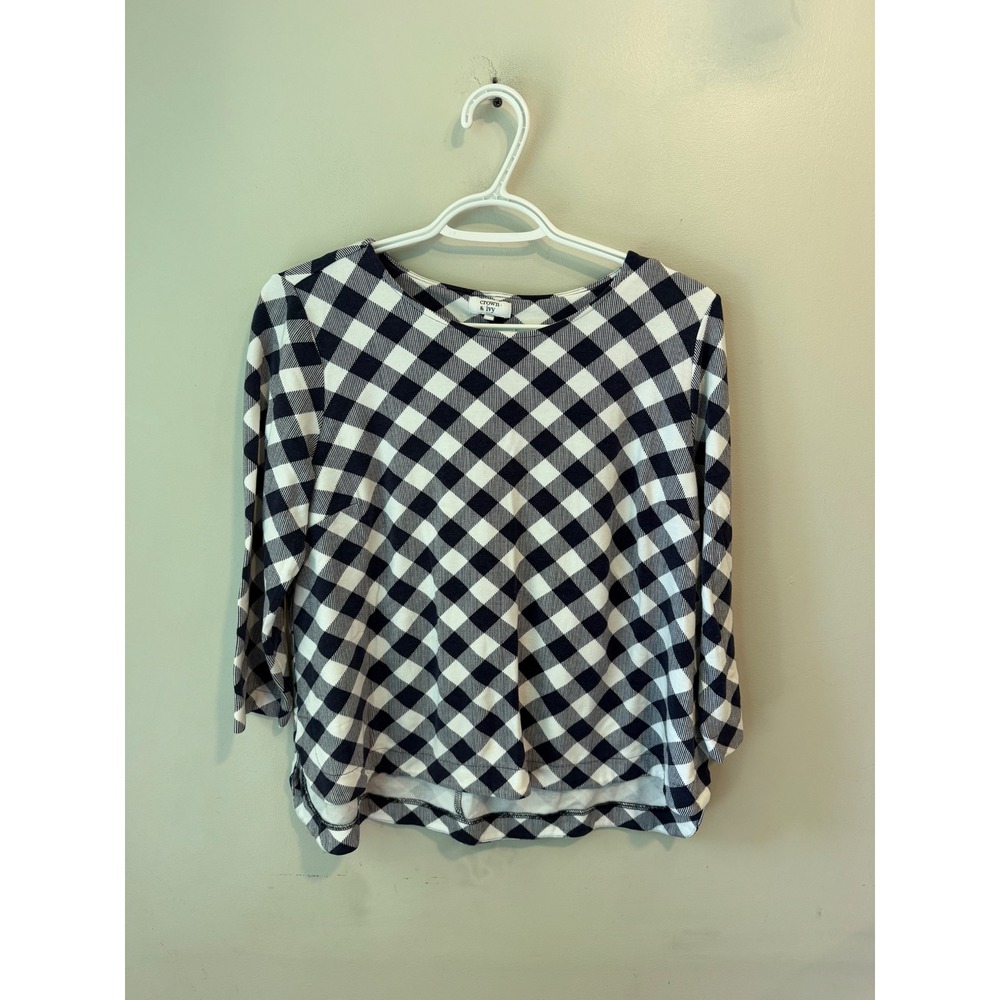 Crown & Ivy Womens Navy Blue Gingham Check 3/4 Sleeve‎ Top Size Medium